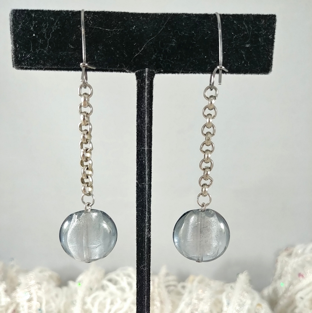 Smokey Silver Glass Beads on Chain Earrings